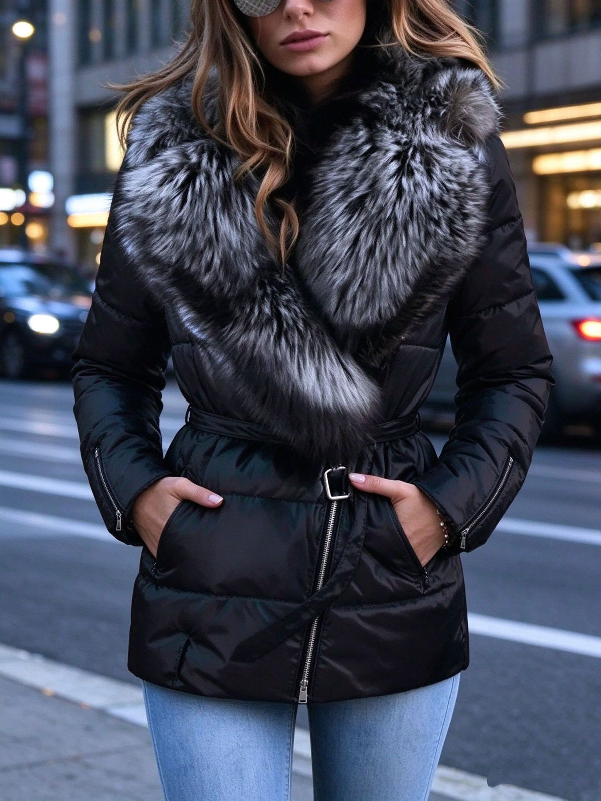 Shiny Fur-Collar Down Jacket